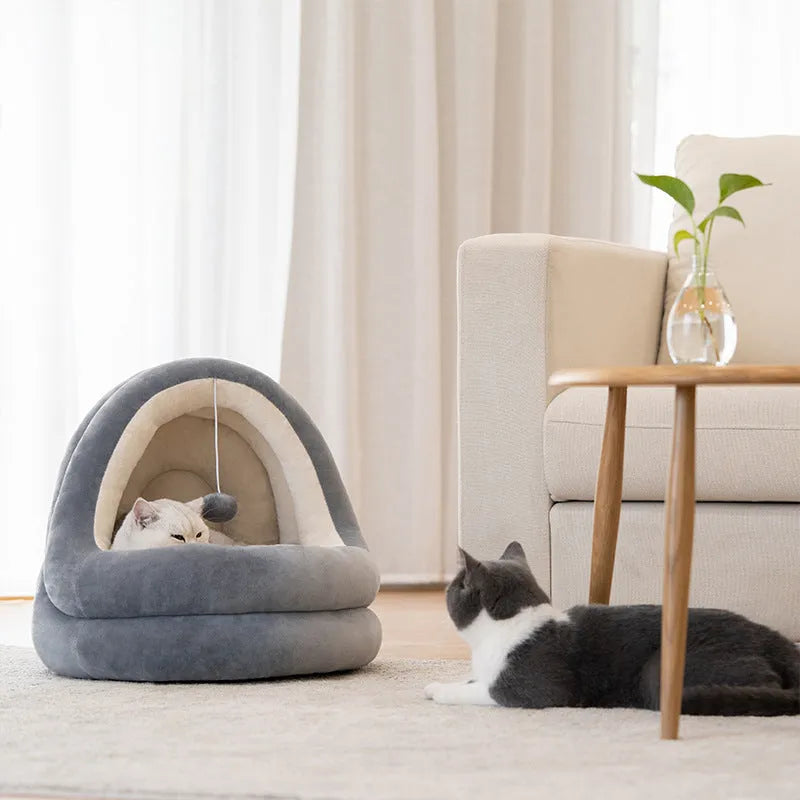 Cat house bed in crystal velvet with removable mattress, small size 42x40x38cm, Beige grey colour