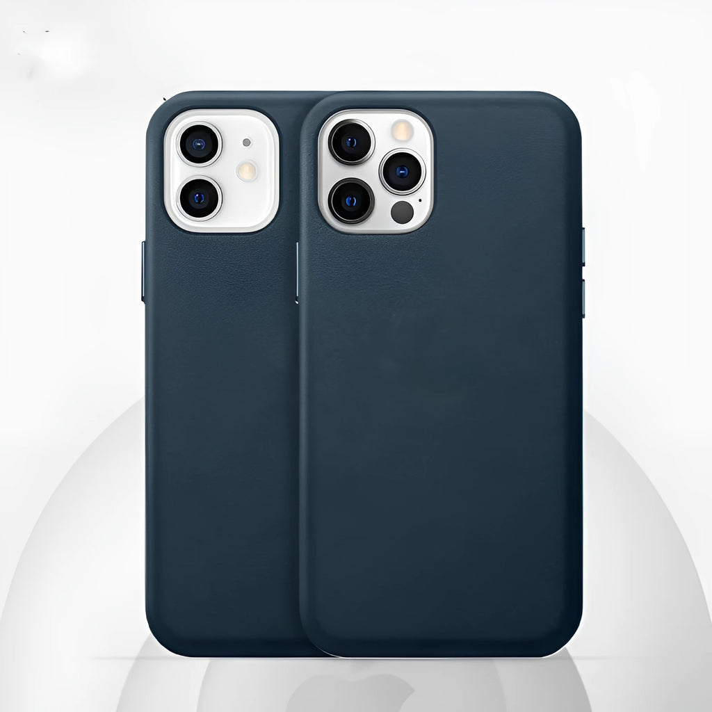 Real cowhide leather phone case in black with magnetic vibration for iPhone 13 Pro Max, back cover view