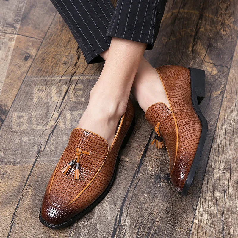 Men's black pointed toe slip on business shoes with tassel decoration on artificial PU leather