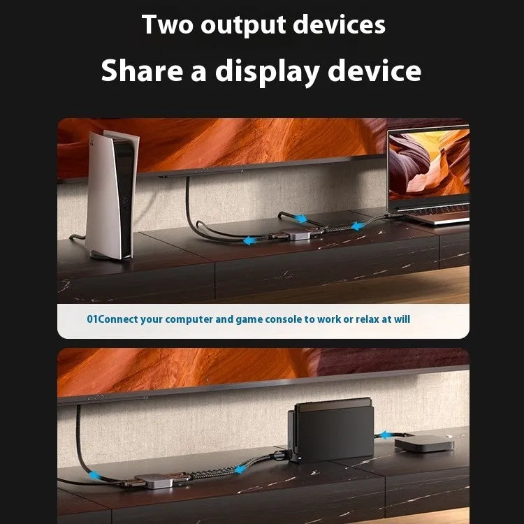 Alloy cable splitter for HD computer audio video to television line conversion in black or grey colour