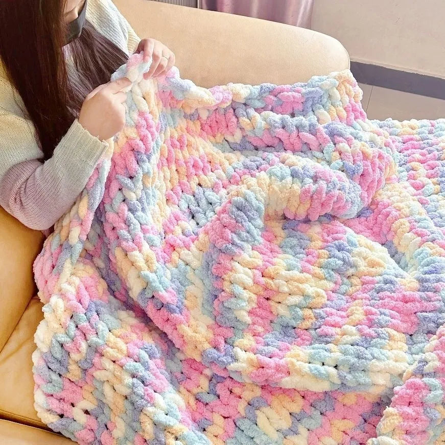 Coarse yarn chenille knitted blanket with braided gravity weighting in modern simplicity styling