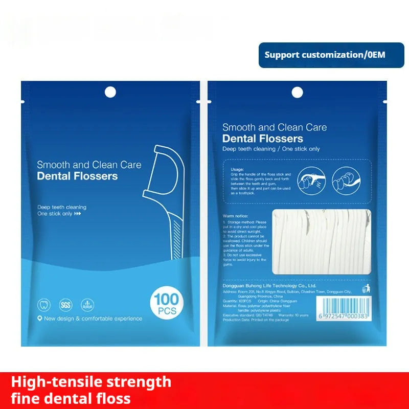 Independently packaged dental floss in portable plastic bag with 100 single-use strands