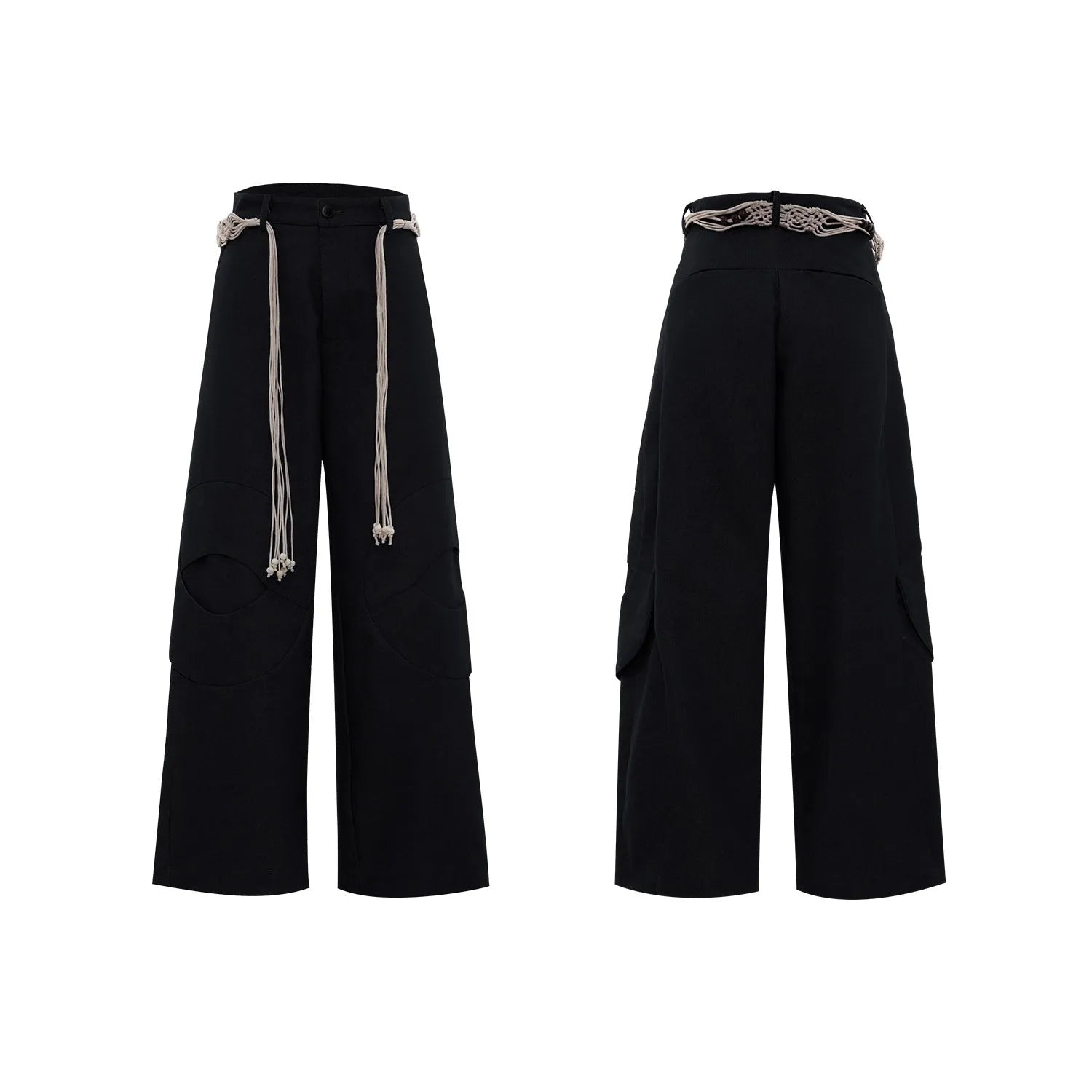 Man wearing dark blue straight-leg cotton jeans with loose fit, zipper decorations, and a tassel detail.