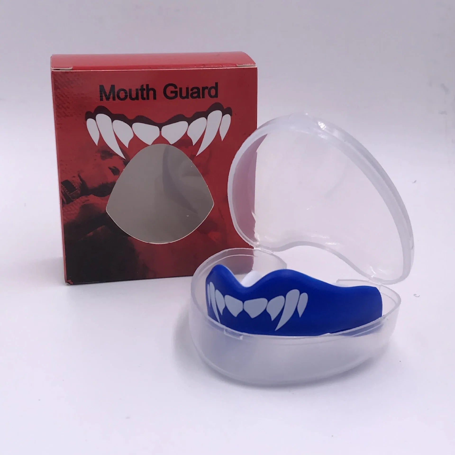 Adult boxing mouthguard with printed teeth design in black/white, red/white, and blue/white colour options