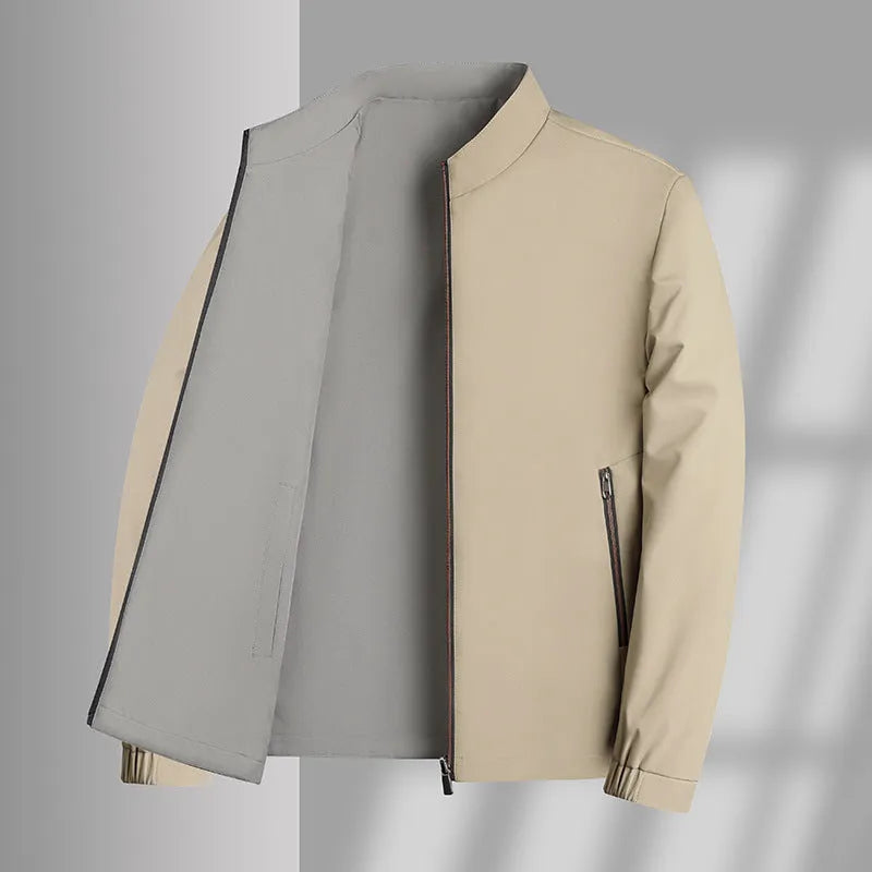 Men's double-sided stand collar casual loose windproof jacket in solid colour, size stick pockets, polyester fibre, front view