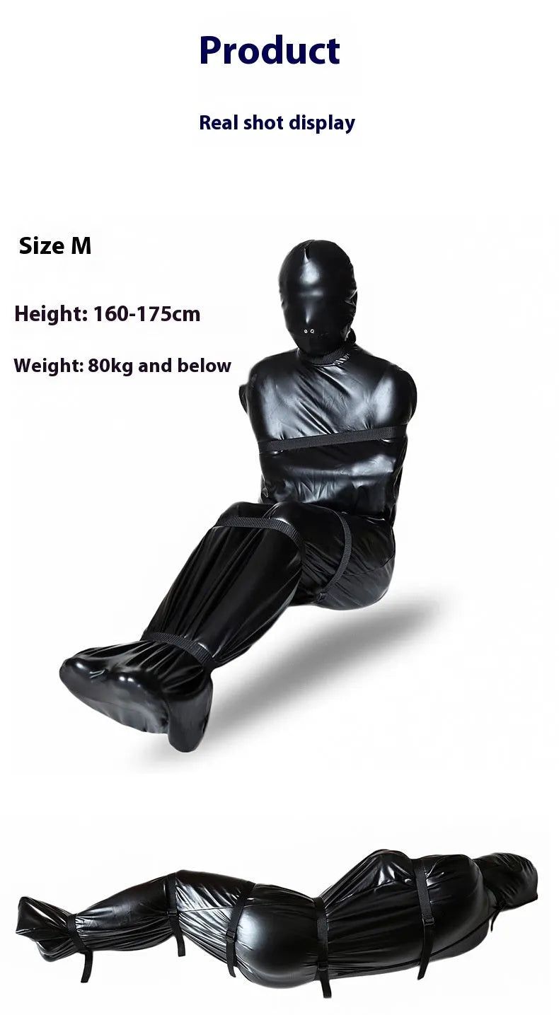 Black patent leather bondage set showing full-coverage body wrap and six ratchet tie-down straps