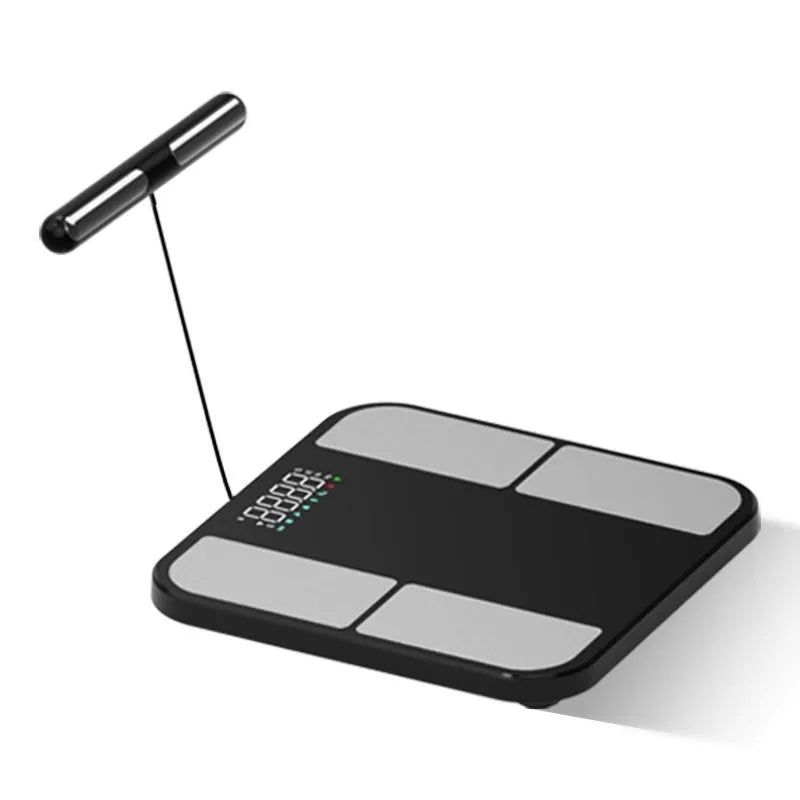 Black electronic household weighing scale with tempered glass platform showing body fat percentage on colour display
