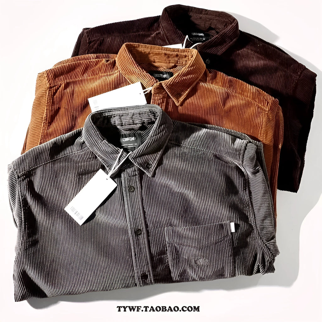 Japanese Hong Kong style loose fit corduroy shirt in caramel colour with cardigan design