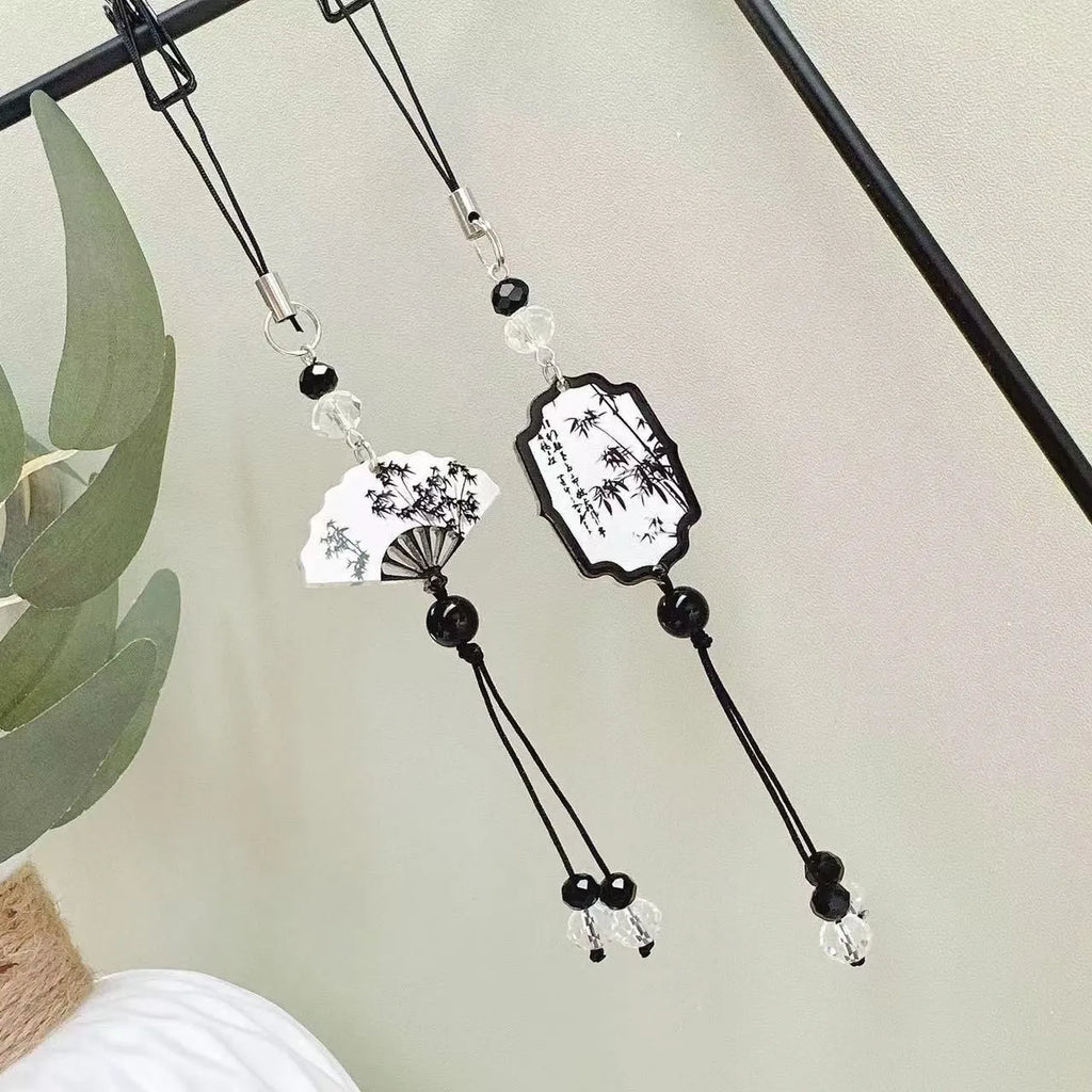 Guofeng ceramic bead pendant keychain with hand-painted Chinese fan and floral design.