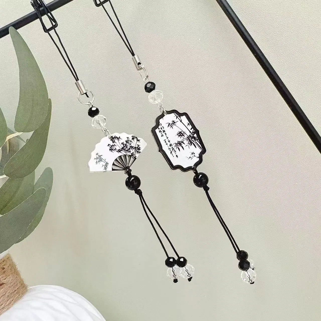 Guofeng ceramic bead pendant keychain with hand-painted Chinese fan and floral design.