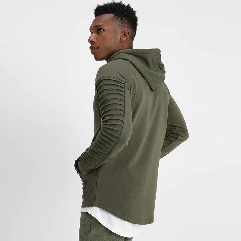 Mens long sleeve pleated stripes hoodie with lapel collar, black, worn casually