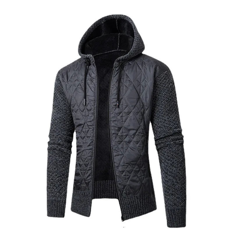 Men's grey corduroy hooded sweater coat with cinched waist design showing wool composition and cotton filler