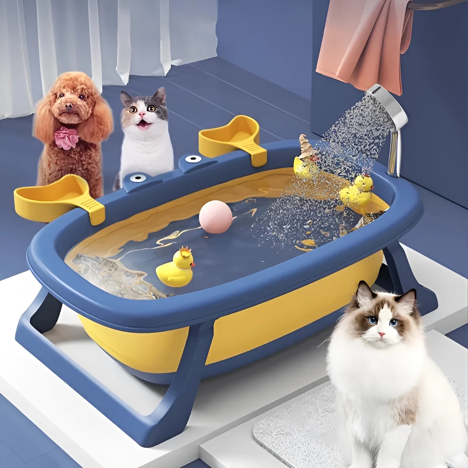 Blue foldable PVC pet tub for small cats and dogs showing portable design