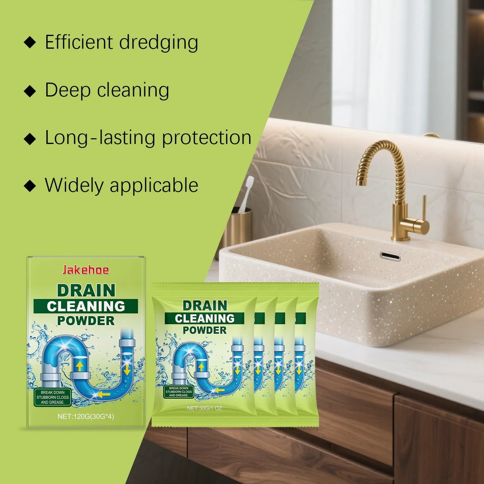 120g drain cleaning powder pack for unblocking sinks, toilets, and shower drains