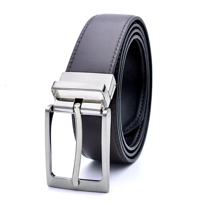 Men's brown black rotating pin buckle belt made from genuine two-layer cowhide leather