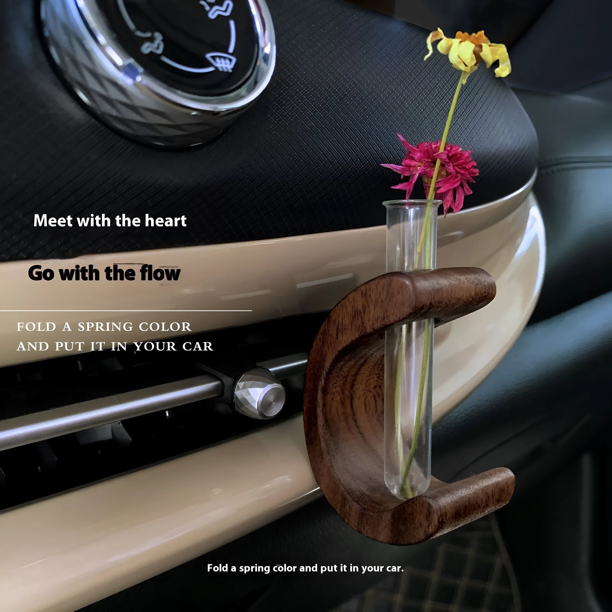 Wooden C-shaped car flower container in Beech finish on a car air vent