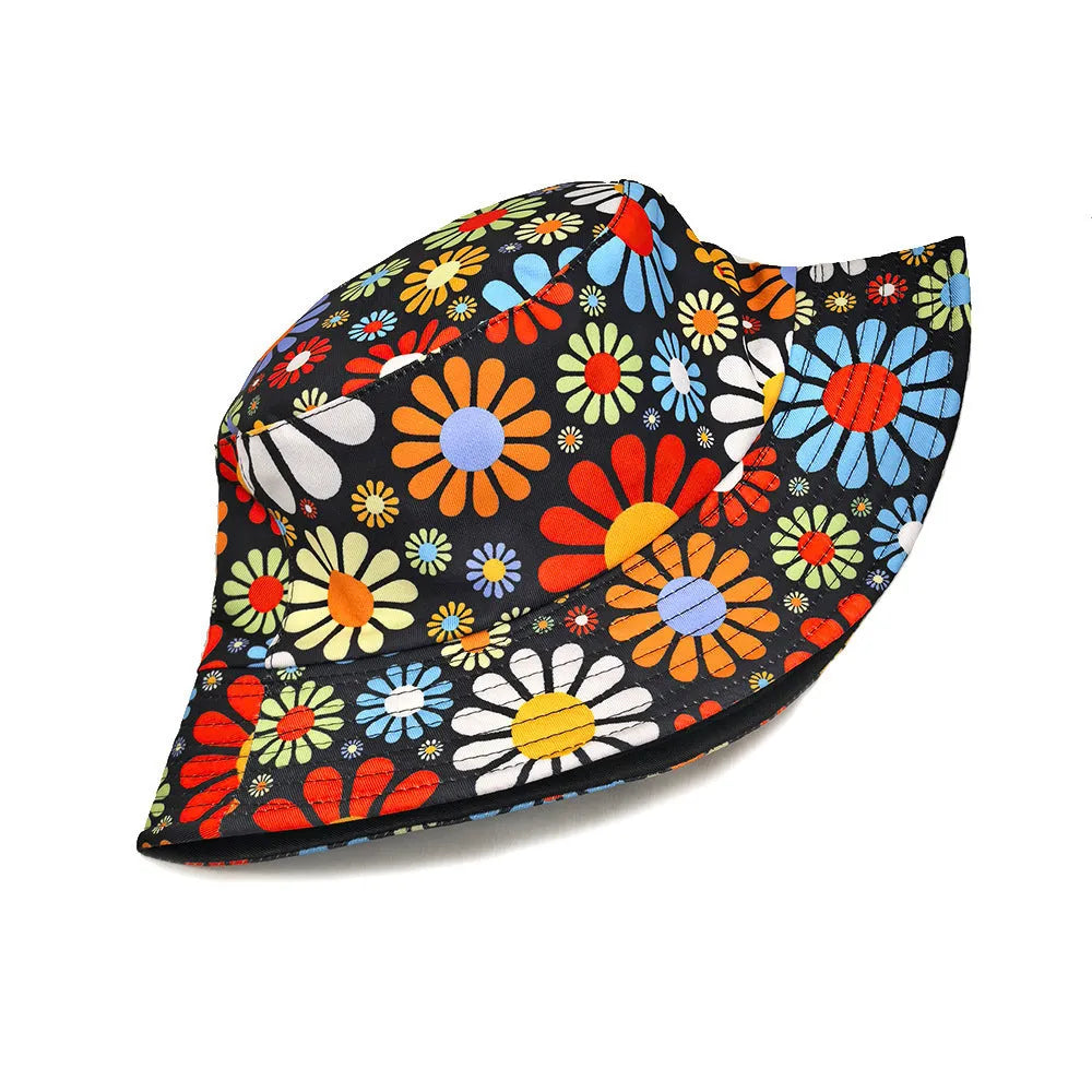 Colourful flower print polyester bucket hat with dome crown