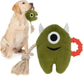 Blue and green monster-themed plush dog toy with cotton rope elements and squeaker