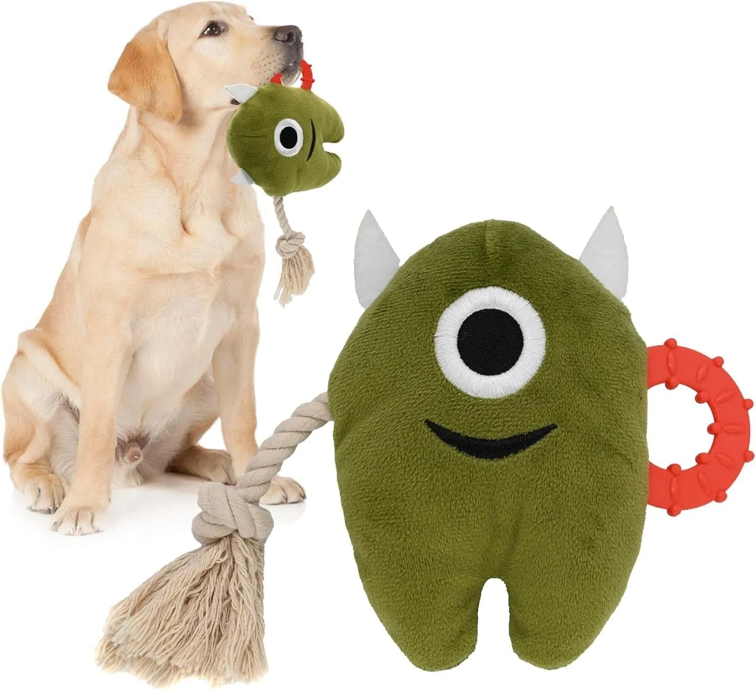 Blue and green monster-themed plush dog toy with cotton rope elements and squeaker