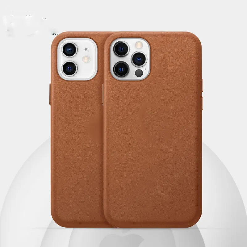 Real cowhide leather phone case in black with magnetic vibration for iPhone 13 Pro Max, back cover view