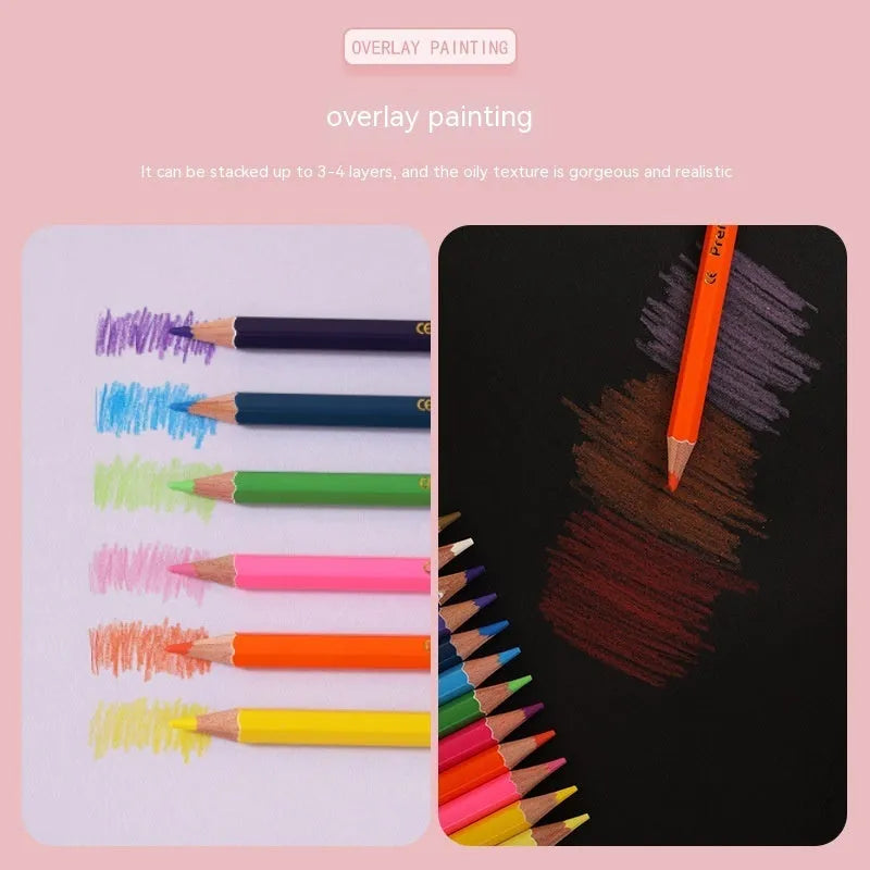 Wooden colour pencil set showing pencil detail and colour range options