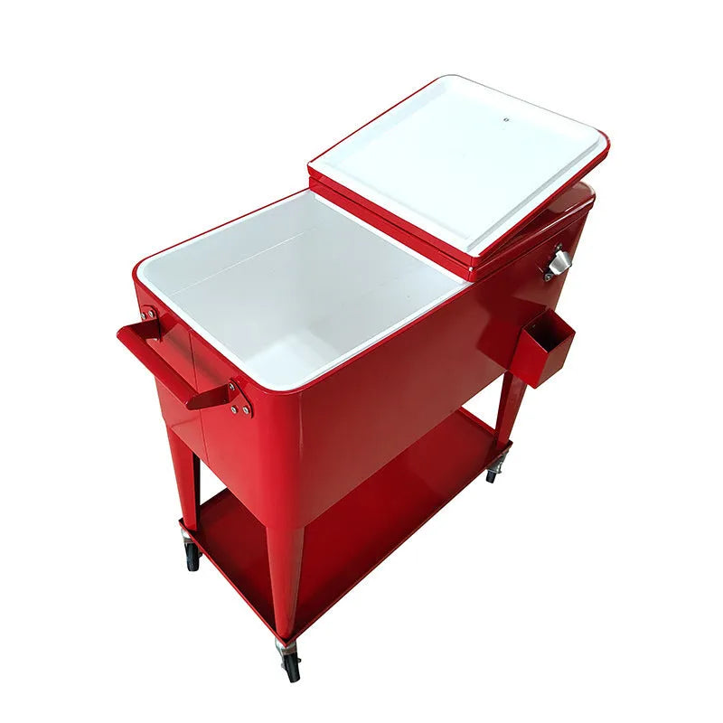 Red insulated outdoor trolley with wheels and 750ml capacity for picnics