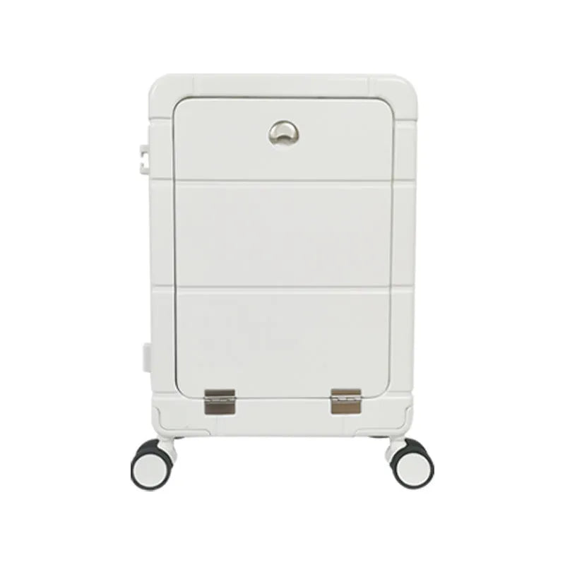 Front opening 20-inch suitcase in silver showing separate wet and dry compartments and a built-in cup holder.