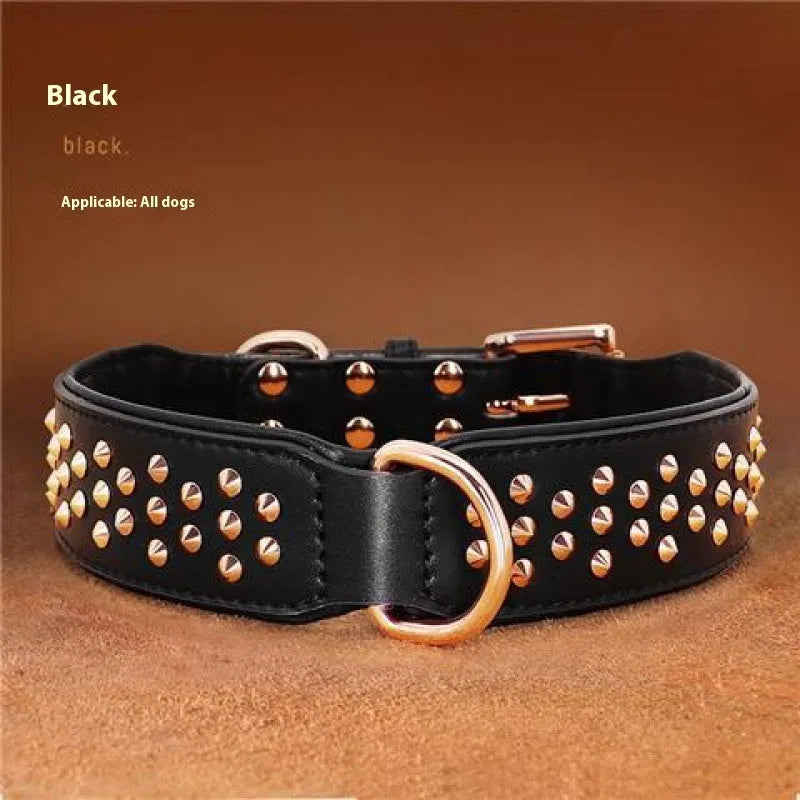 Black leather dog collar with metal anti-bite rivets, shown with chocolate and pink colour options.