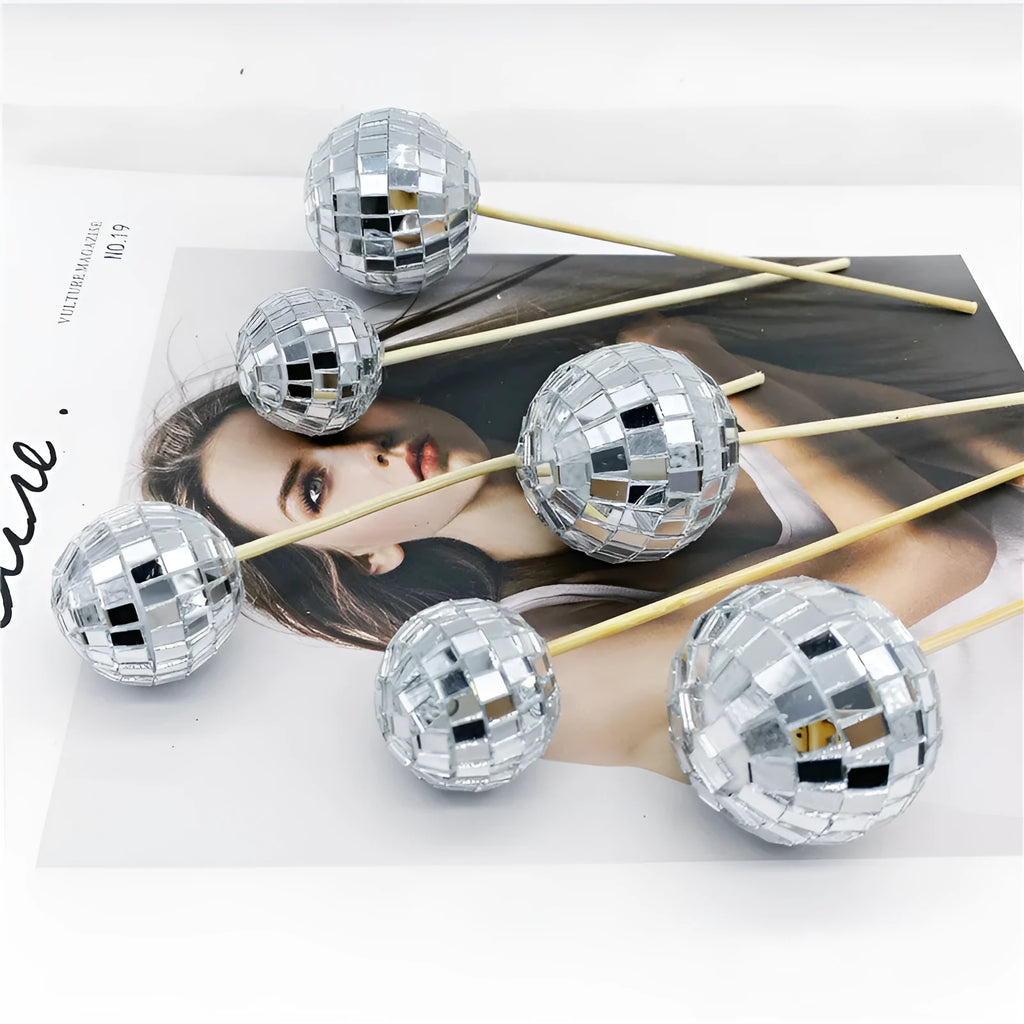 Glass disco ball cake decoration with wooden stick in multiple sizes for celebration cakes