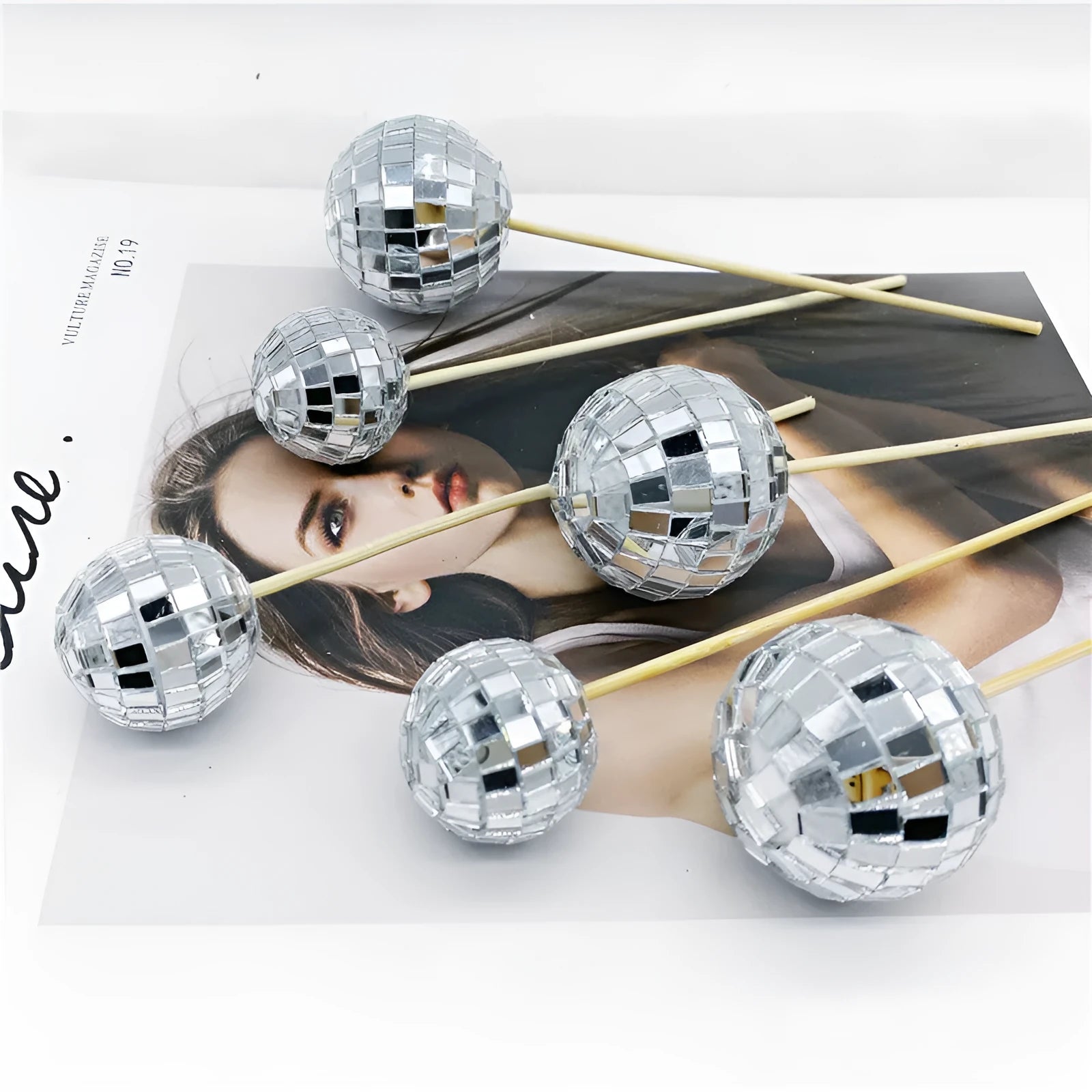 Glass disco ball cake decoration with wooden stick in multiple sizes for celebration cakes