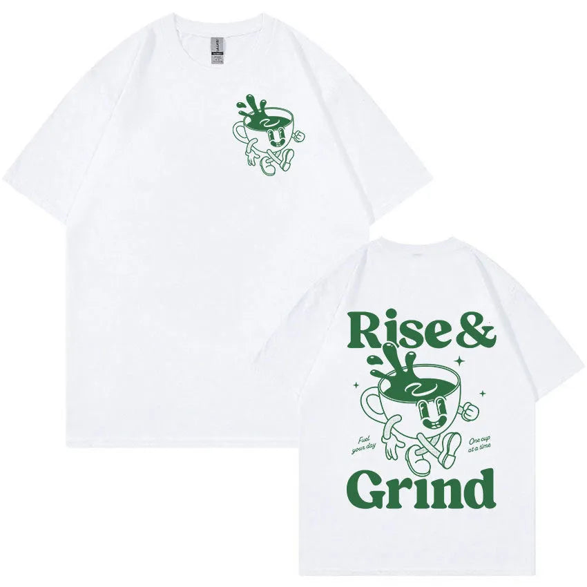 Man wearing a loose black T-shirt with a colourful Rise and Grind coffee cartoon and expression bag graphic.