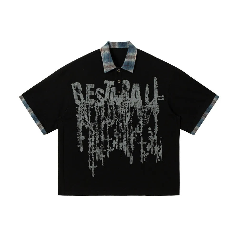 Men's cotton short sleeve top with graffiti printing in loose fit street style
