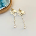 Women's fashion shell pearl tassel earrings showing 8.8cm length with multiple clip style options