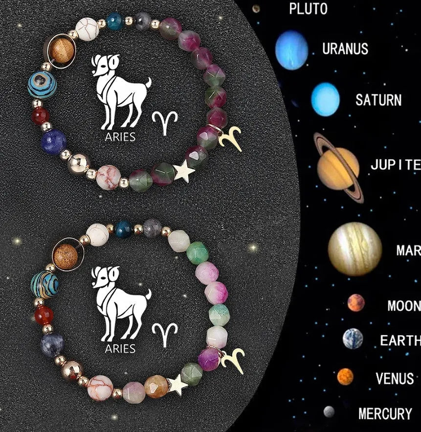 Natural stone beaded bracelets showing zodiac sign designs for complete astrological collection