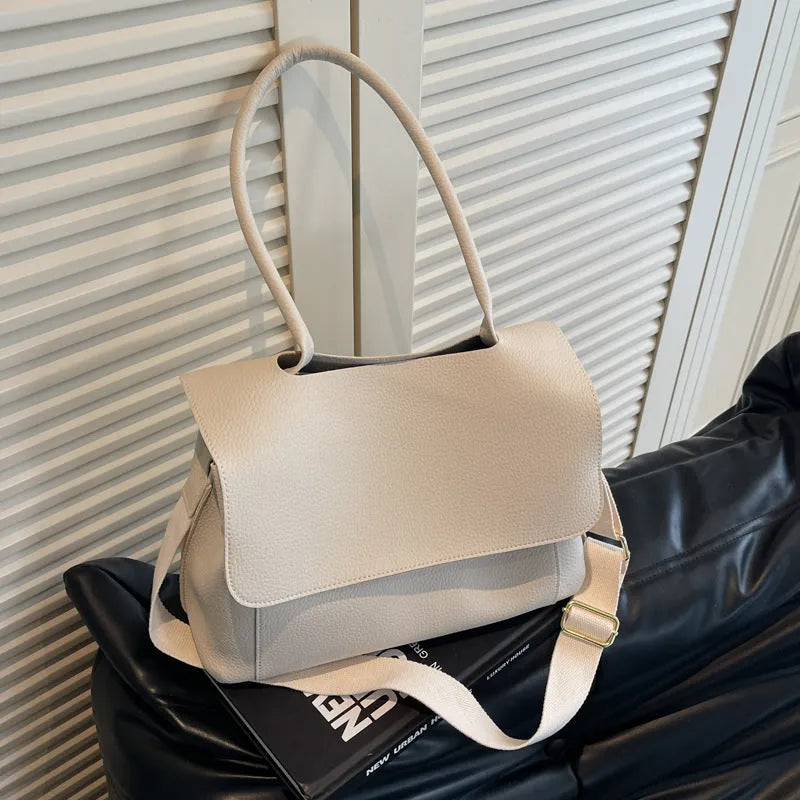 Horizontal square PU leather tote bag with double shoulder straps in neutral colour