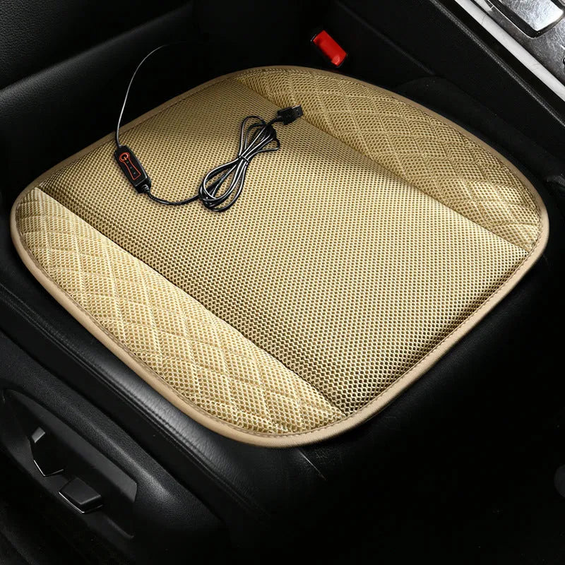 Black USB ventilated car seat cushion with cooling fans on a car seat.