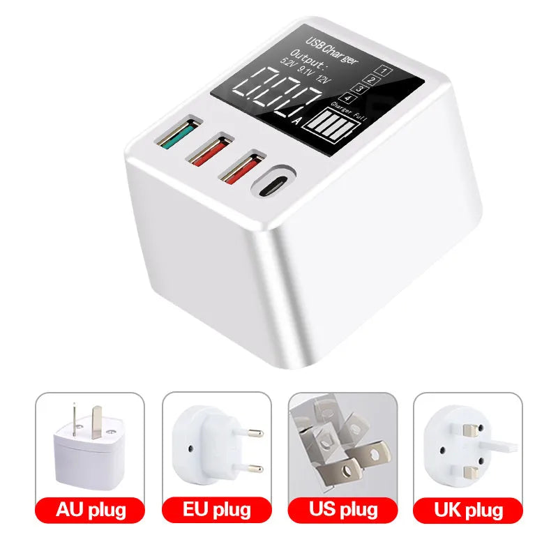 White 4-port QC3.0 and Type-C travel wall charger with optional international plug adaptors.