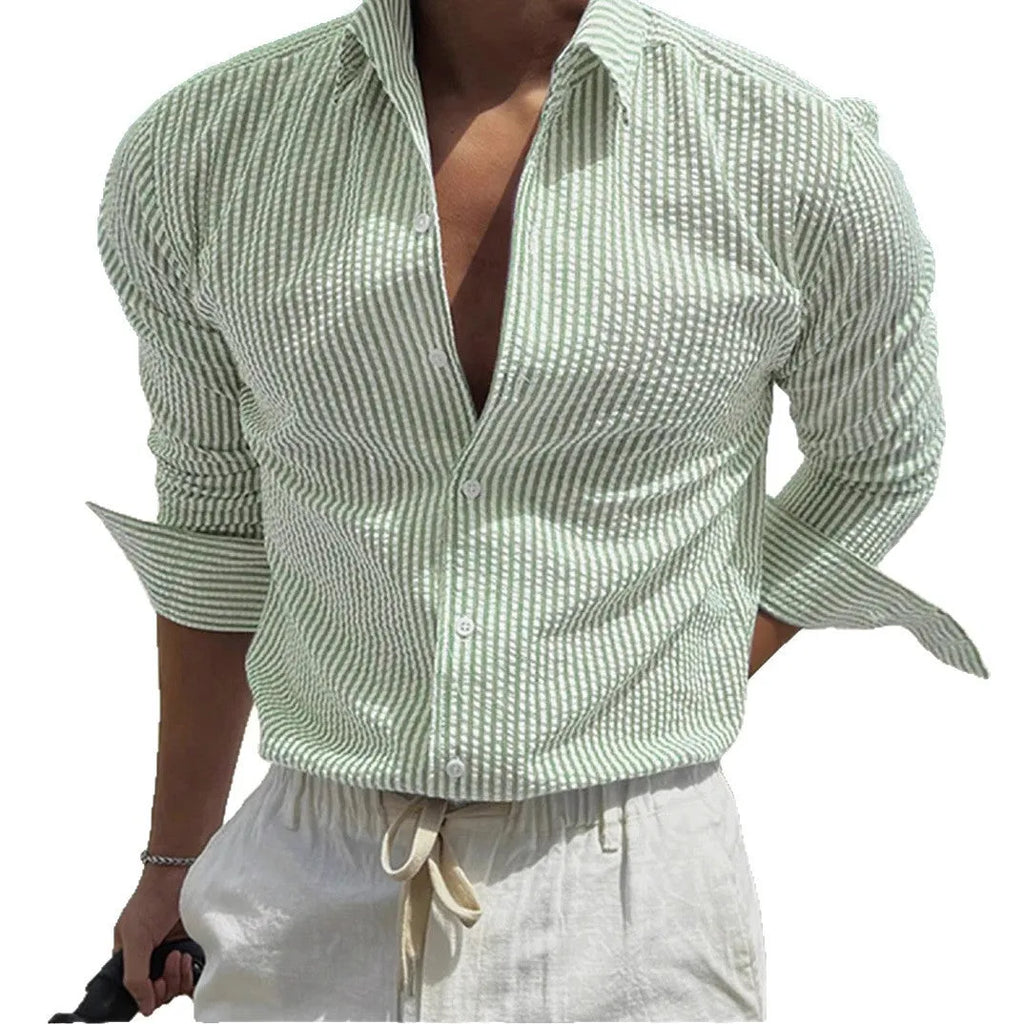 Fashion striped cardigan lapel long sleeve shirt in polyester, available in multiple colours and sizes
