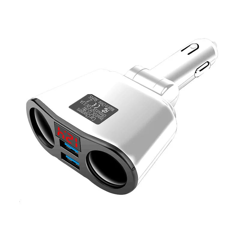 Car Bluetooth FM transmitter with charging port plugged into vehicle cigarette lighter socket