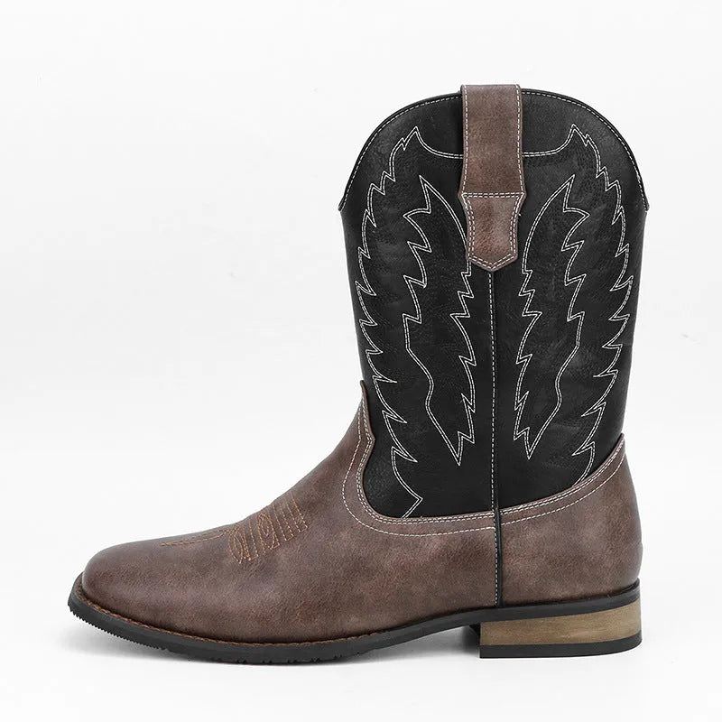 Men's black square toe motorcycle boots with embroidery details and wedge heel