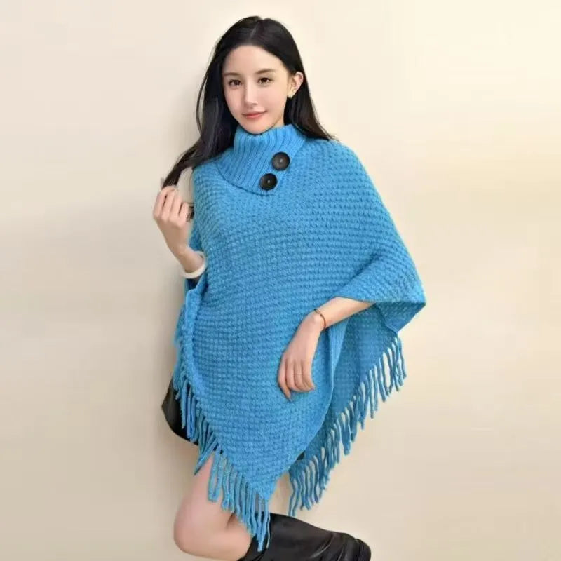 Women's triangle shawl cape in plush cashmere blend fabric with tassel detailing