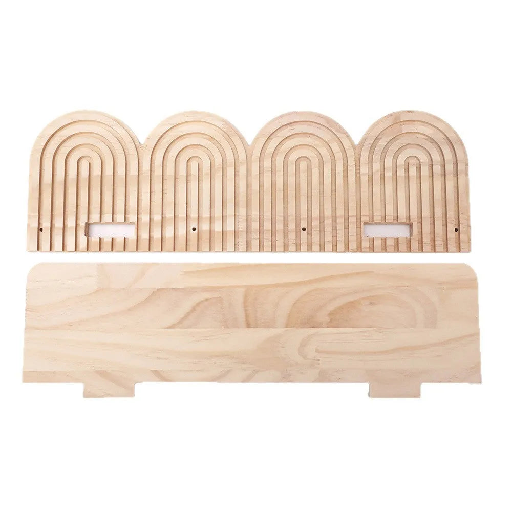 Solid wood multi-tiered wall rack holding several potted plants.