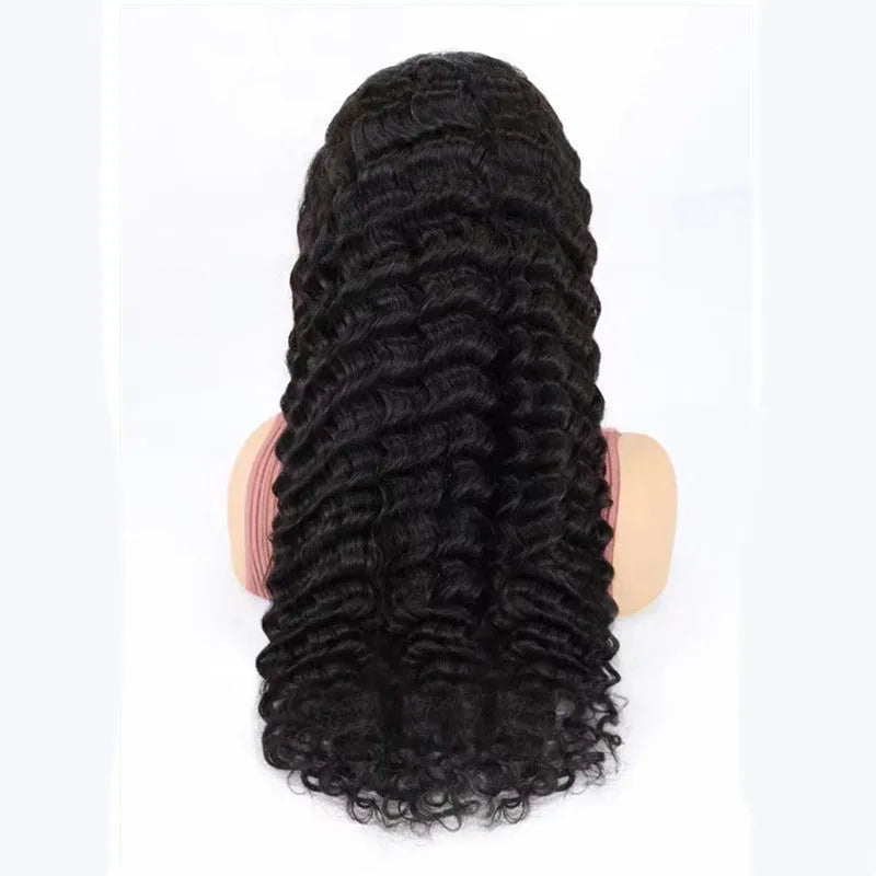 Solid colour half lace front human hair wig on a stand, showing a natural hairline.