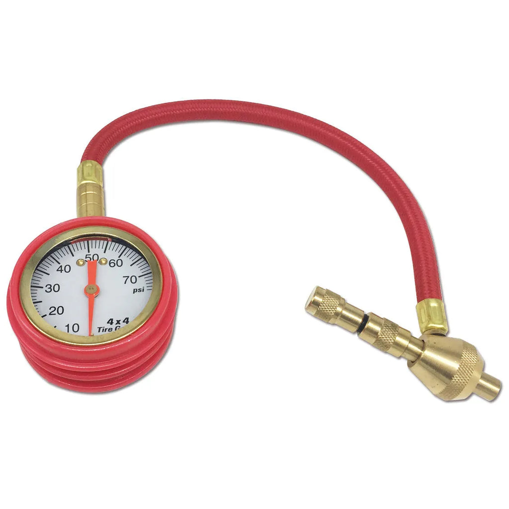 Mechanical tyre pressure gauge for SUV and off-road vehicles with metal body and rubber shell.