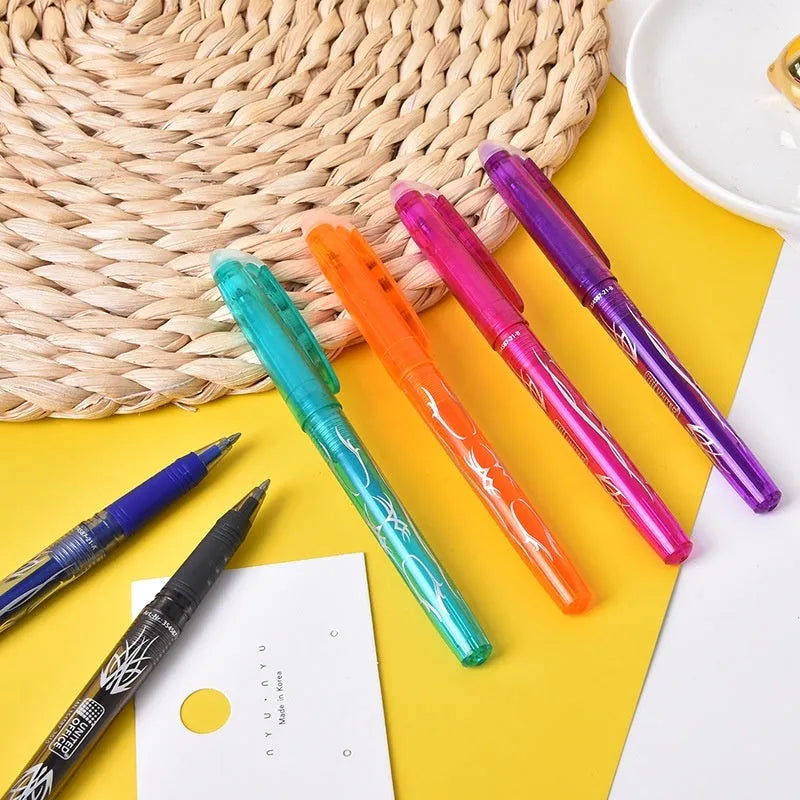 Heat-erasable gel pens with plastic barrels and stainless steel nibs in multiple colours