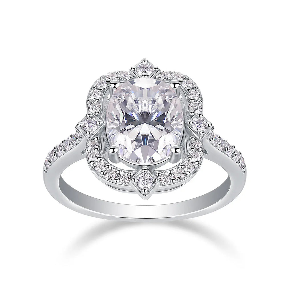 Camellia egg-shaped moissanite wedding ring set with S925 silver and platinum plating, showing centre stone and band