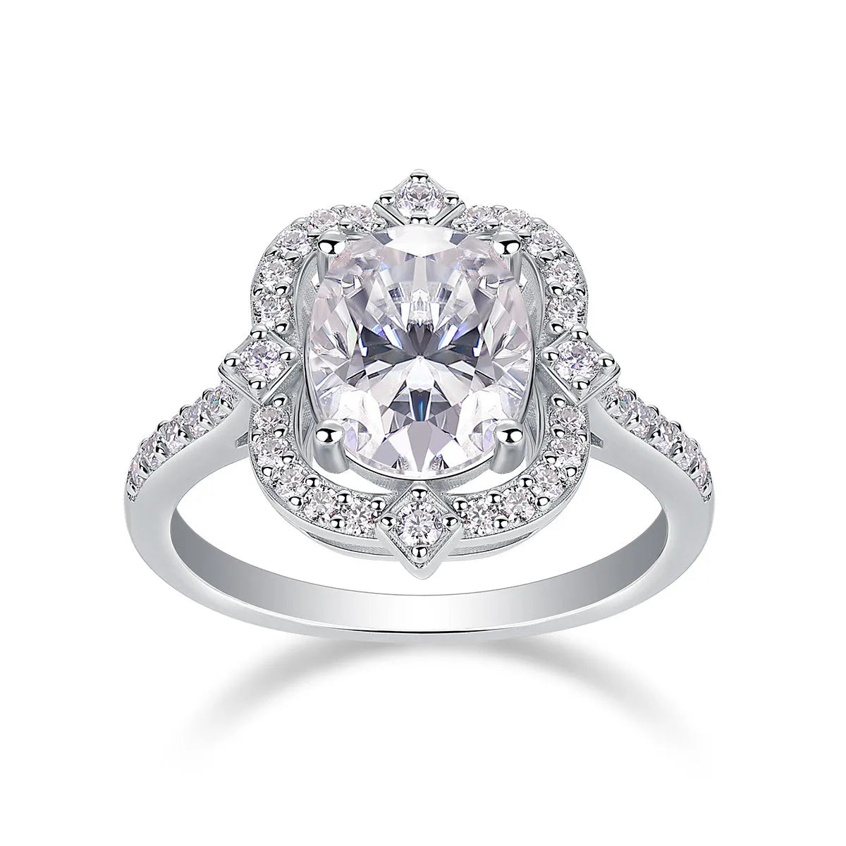 Camellia egg-shaped moissanite wedding ring set with S925 silver and platinum plating, showing centre stone and band