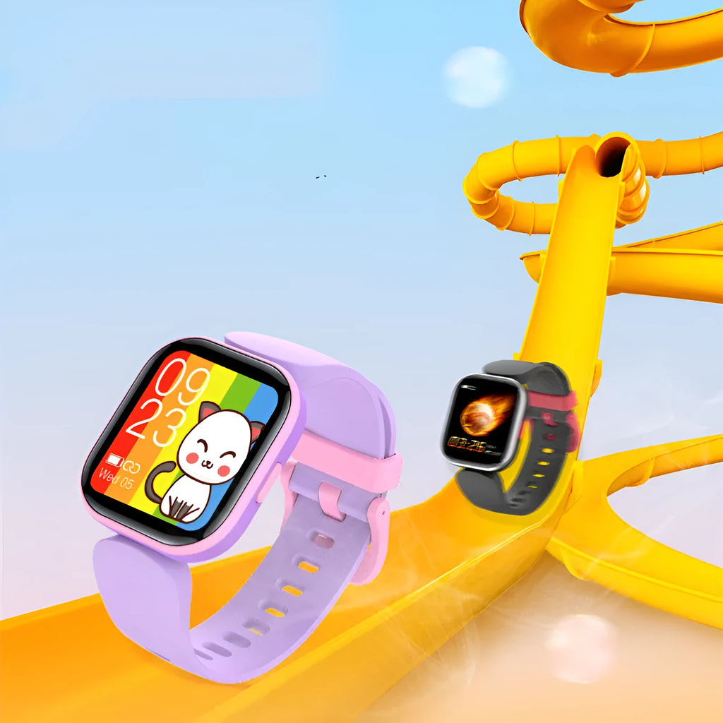 Blue H39T children's smartwatch with a black sports strap on a wrist, showing its 1.4-inch touchscreen.