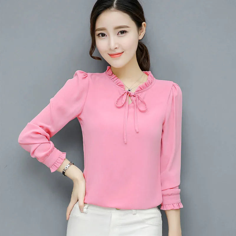 Loose plus size bow chiffon shirt in rose red – women's polyester long sleeve pullover blouse