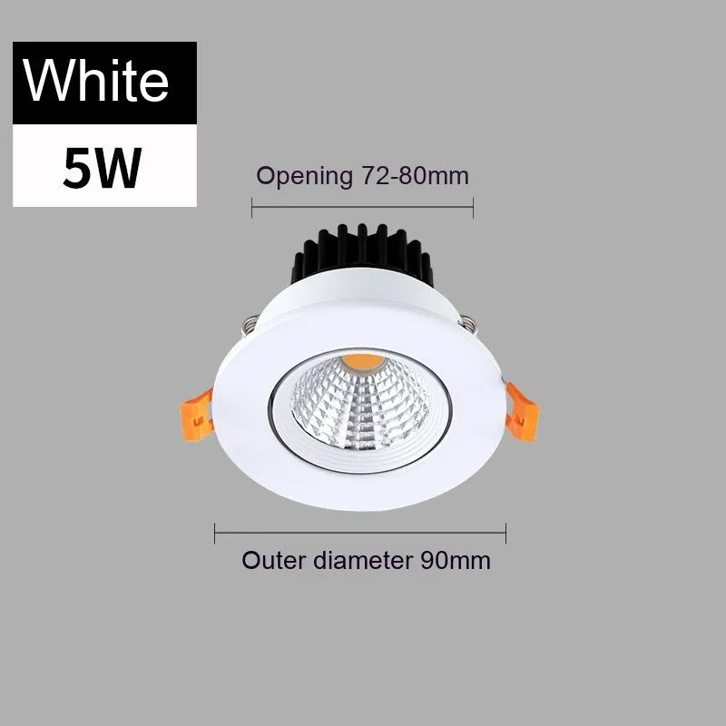 Black aluminium embedded LED ceiling spotlight with anti-glare design showing three colour temperature options